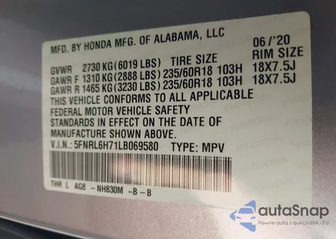 2020 Honda Odyssey Ex-L/Ex-L W/Navi Res из США, поврежденный, VIN 5FNRL6H71LB069580